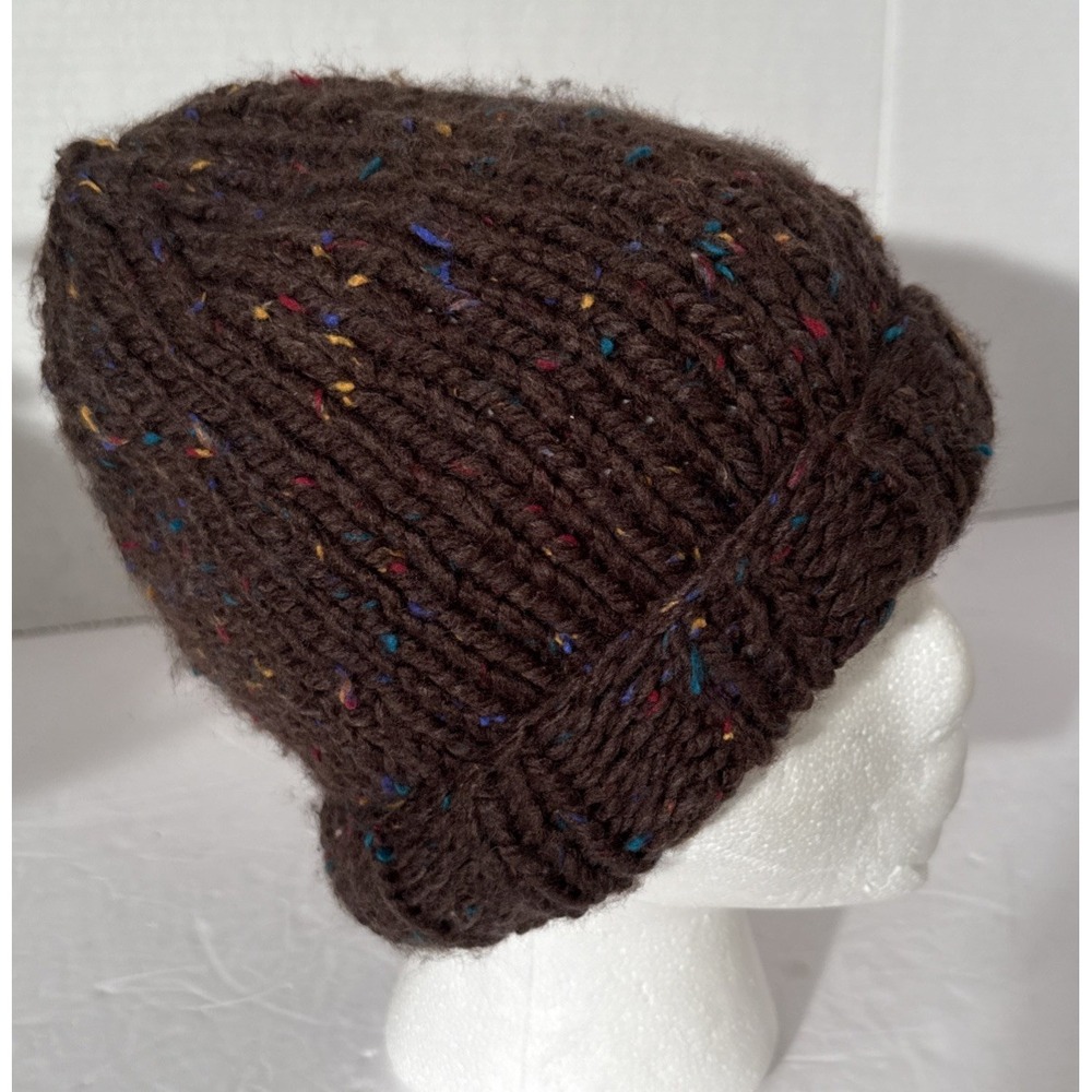 Hand Knit Beanie Hat Brown Knit Beanie With Multi-Colored Confetti Speckles